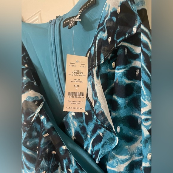 White House Black Market Sleeveless Ruffle Wrap Dress Blue Size 4 Coastal Vacay - Picture 3 of 10